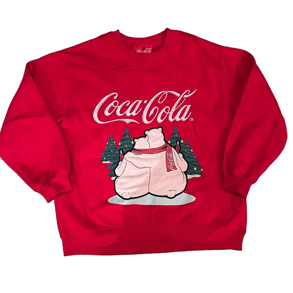 Coca-Cola Polar Bears Christmas Trees Sweatshirt Red M Embroidered Holiday
